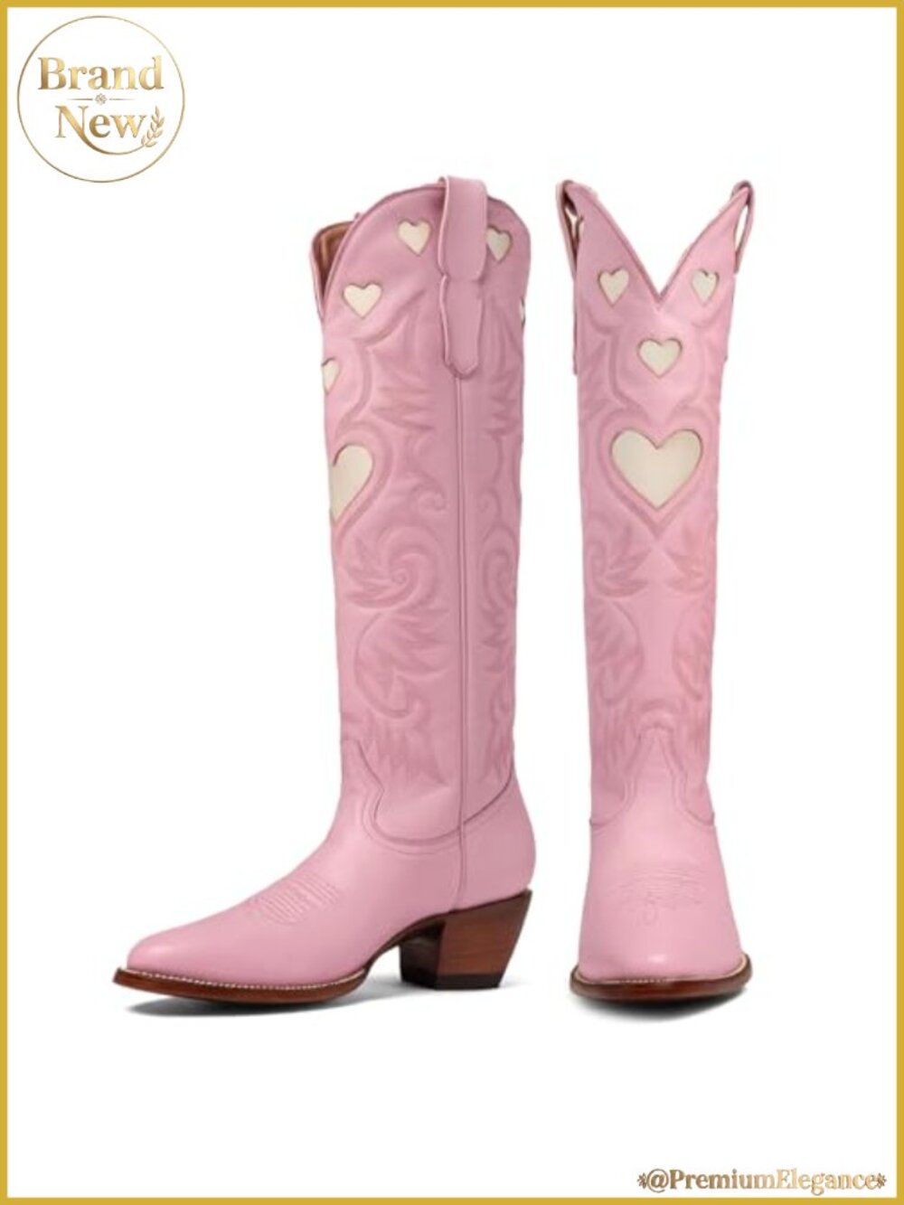 Knee High Western Boots Faux Leather Round Toe Pull On Stacked Heel